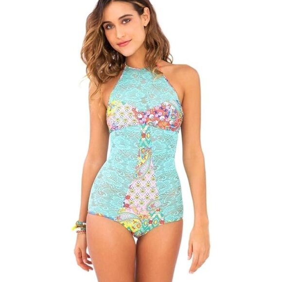 Luli Fama Women's Siren Dance Lace Illusion Halter One Piece Swimsuit, Multi, S - Picture 1 of 3
